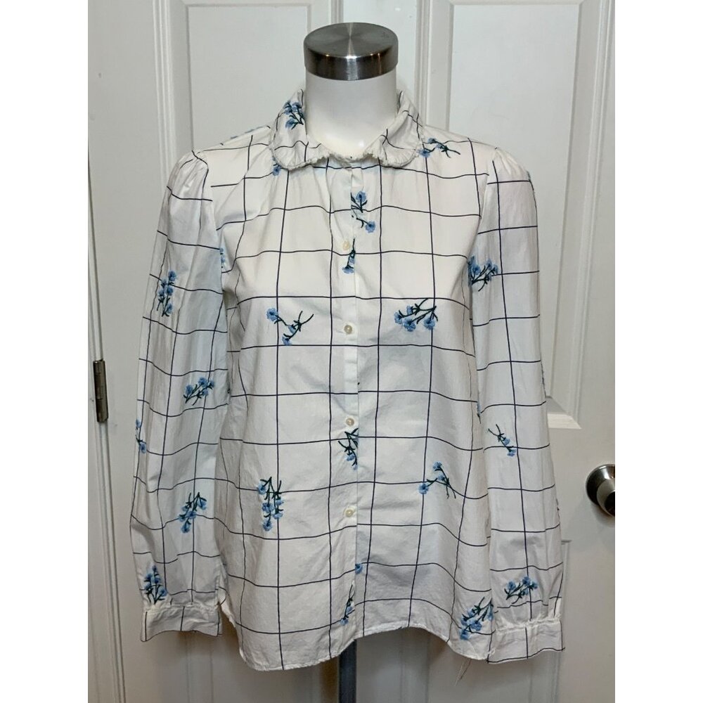 Zara Trafaluc White Check Floral Embroidered Button Up Shirt, Size XS